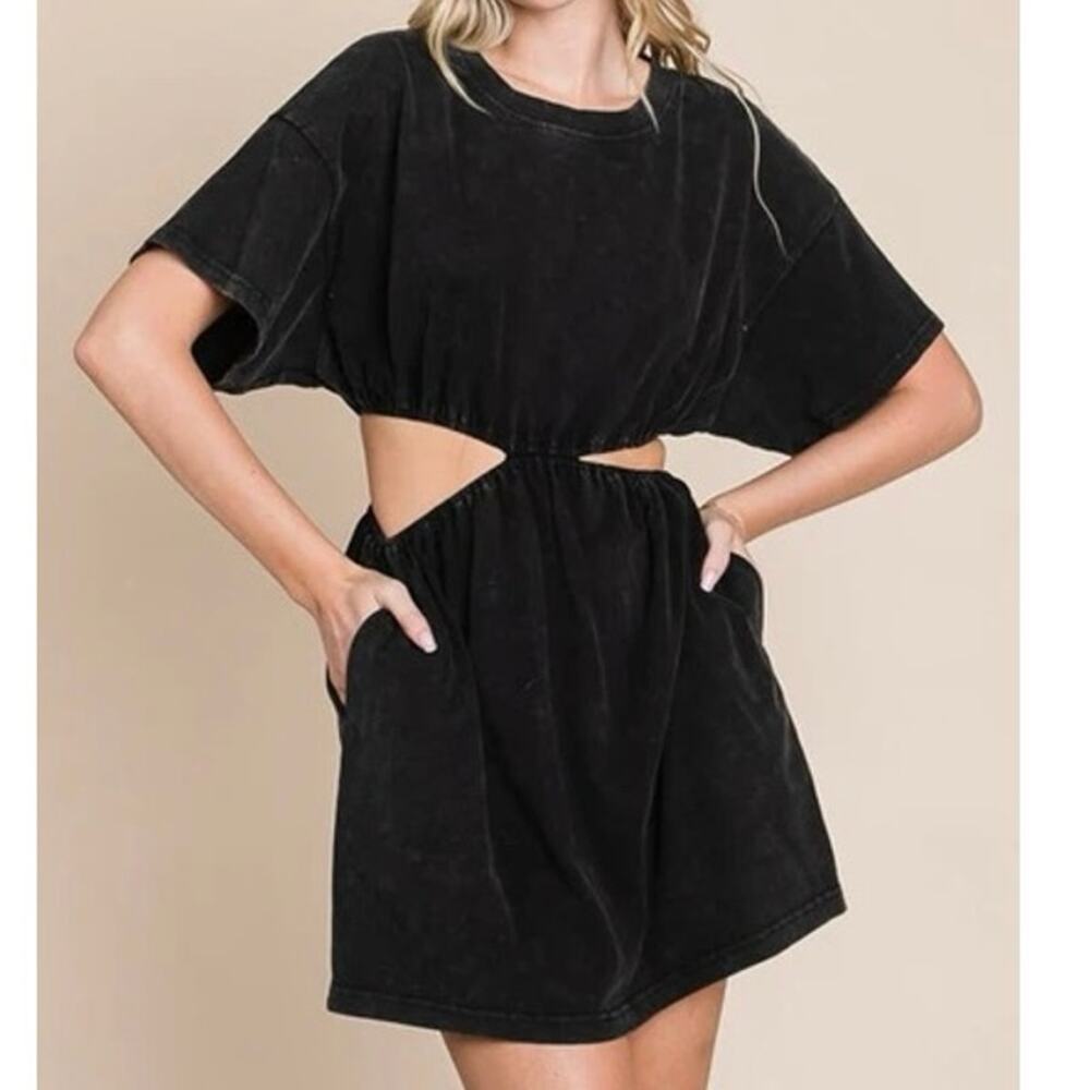 Free People Beach Cutout Waist Washed Black Mini Dress Cotton Oversized Tee S